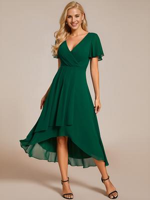 Ever-Pretty Abito da Donna con Scollo a V in Chiffon Midi Orlo Alto e Basso Abito da Invitata a Matrimonio con Maniche a Volant