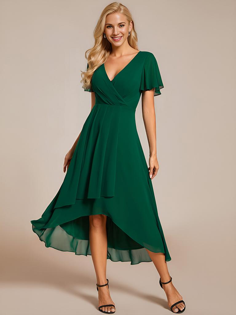 Ever-Pretty Women's V Neck Chiffon Midi Dress With Beading - Long Sleeve Formal Wedding Guest Dress