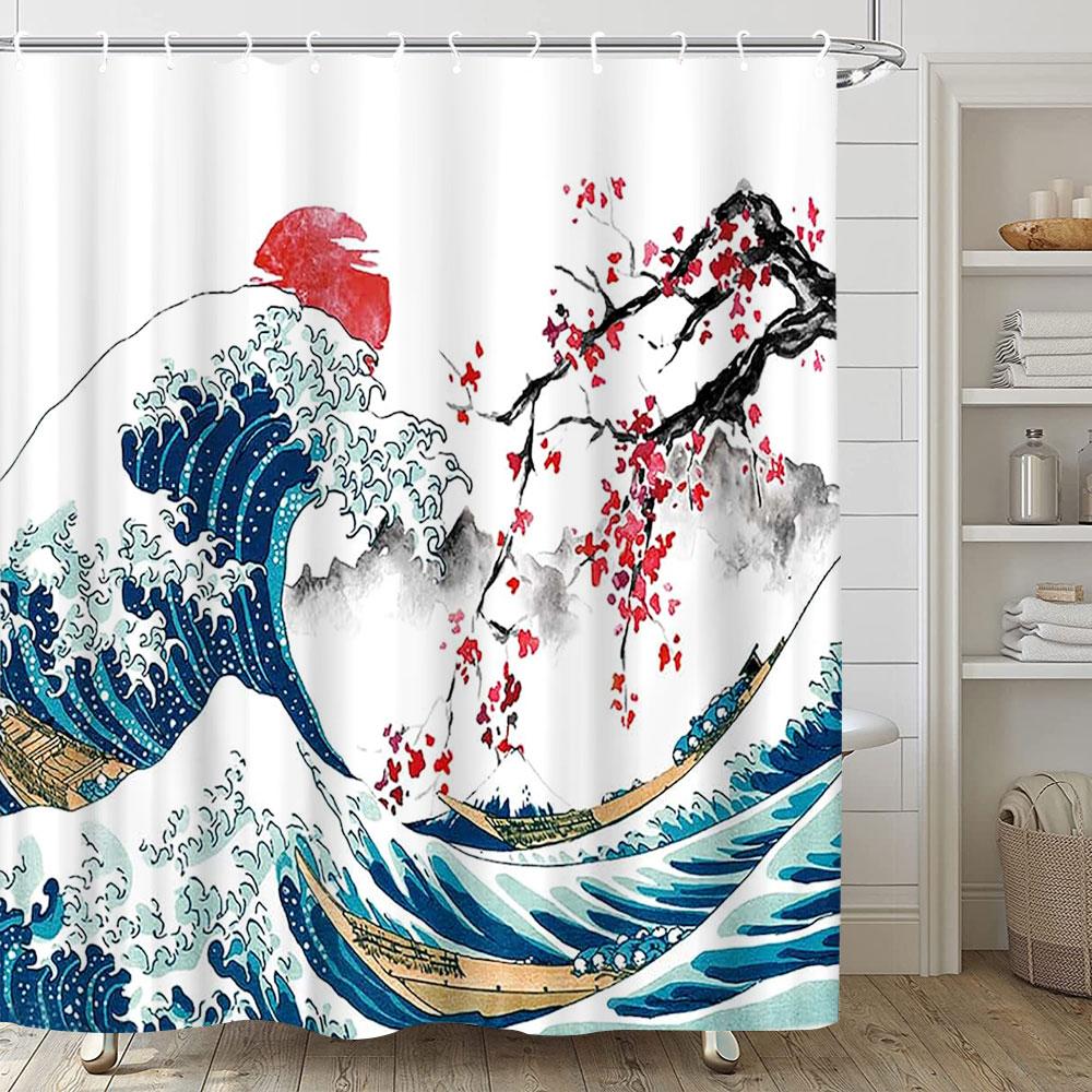 Japanese Style Series Ukiyoe Shower Curtain Ocean Waves Waterproof Curtains Polyester Printing Bathroom Decor Partition Screen