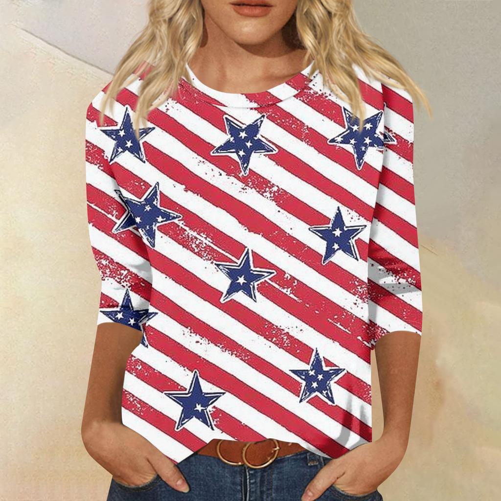 Women's Fashion Casual Seven-Sleeve Independence Day Print Round Neck Top