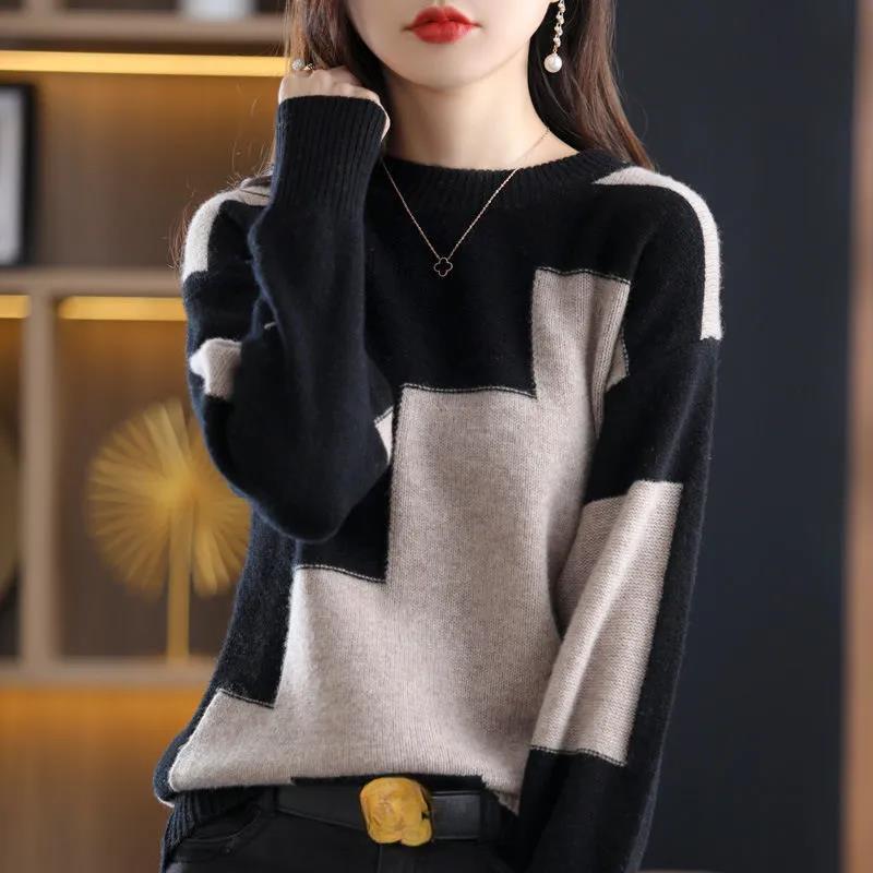 Sweater Women's Round Neck Color Matching Short Warm Soft Waxy Inner and Outer Wear Loose Pullover Knitted Bottoming Shirt