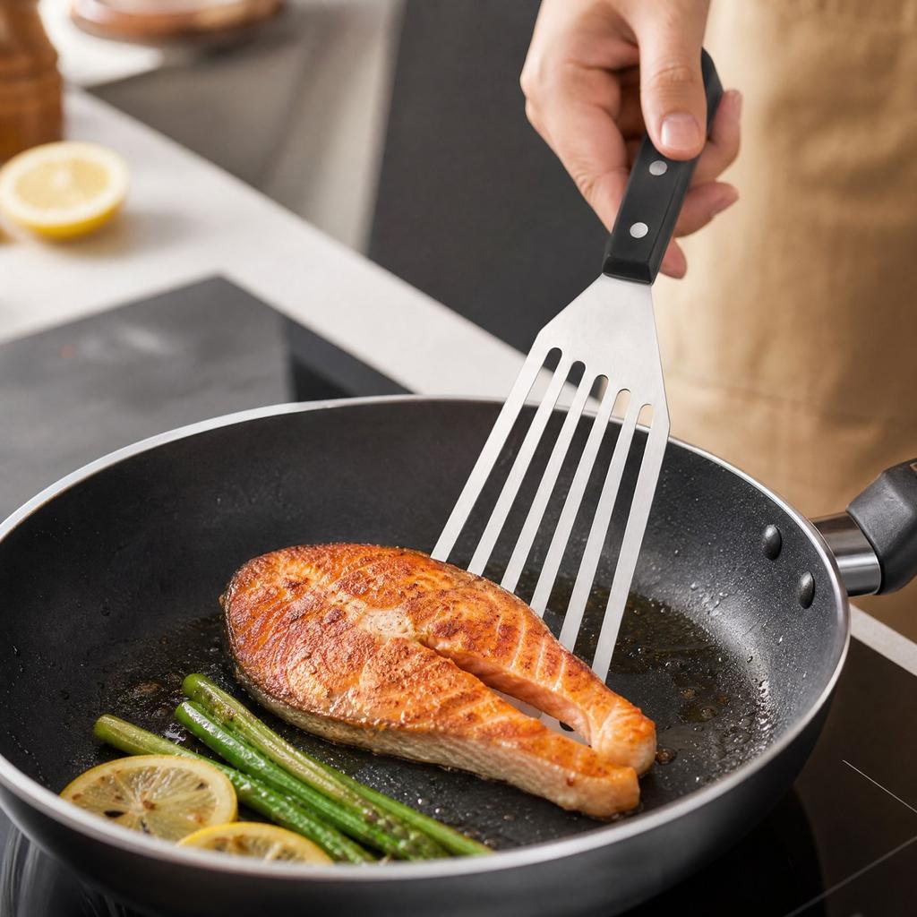 Stainless Slotted Turner Spatula for Cooking Steak and Fish - Flat for Grill, Griddle and Frying Pan