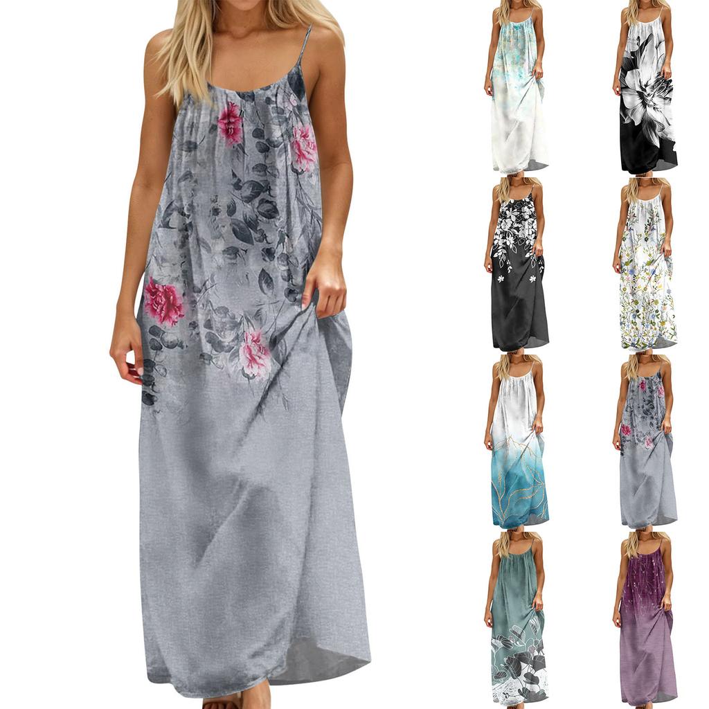 Women's Fashion Backless Spaghetti Strap Casual Loose Floral Print Dress