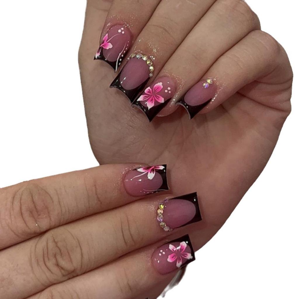 Black French Pink Floral Press-On Nails – Mid-Length Blush Design with Transparent Stickers