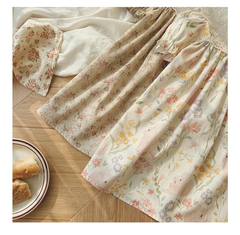 2026 Summer French Cartoon Print Lace Collar Girls' Princess Dress - Short Sleeve