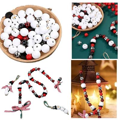 80Pcs Christmas Snowman Wooden Bead with Twine Scarf Christmas Theme DIY Beaded Set for Christmas Atmosphere Gift Making