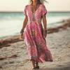 Summer Women's Dress Short-sleeved Retro Shuttle Printed V-neck Casual Fashion Beach Long Skirt
