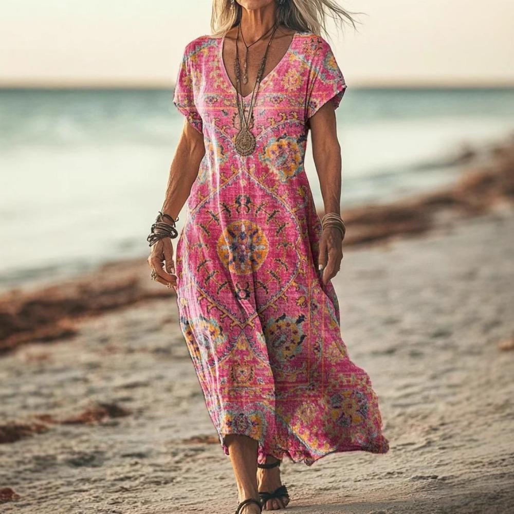 Summer Women's Dress Short-sleeved Retro Shuttle Printed V-neck Casual Fashion Beach Long Skirt