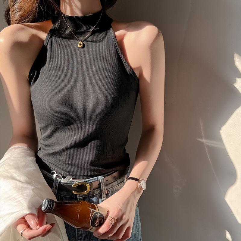 Women Solid Slim Fit Round Neck Ribbed Sleeveless Halter Camisole Tank Top S