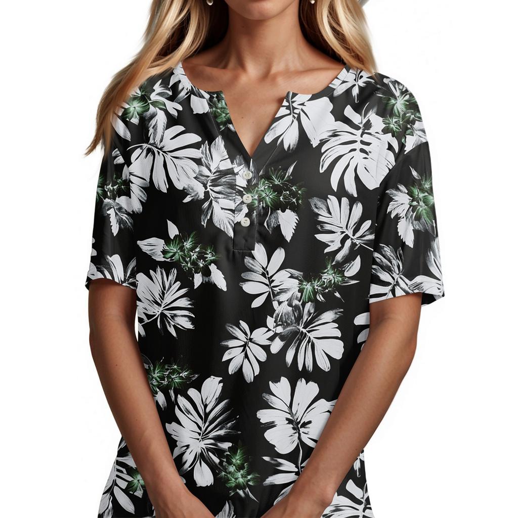 Women's T Shirt Tee Print Button Short Sleeve Daily Weekend Fashion Basic V- Neck Regular Top