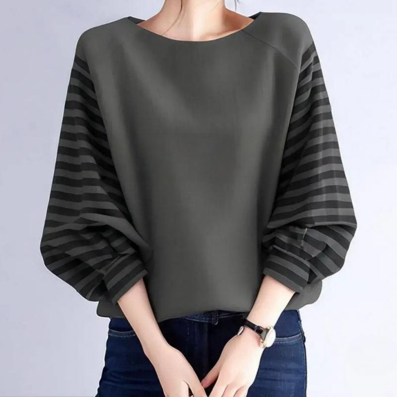 

2025 Striped Patchwork Round Neck Lantern Sleeve Slimming T-Shirt – Casual Autumn Winter Style S армия зеленый