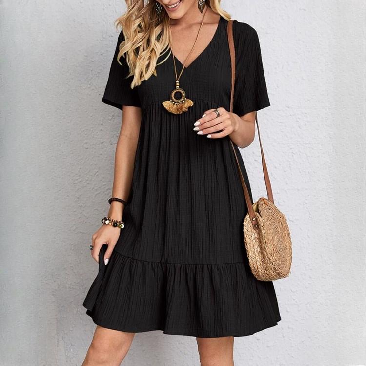 QICED Abiti casual a vita alta con scollo a V a maniche corte con stampa tinta unita primavera estate moda donna