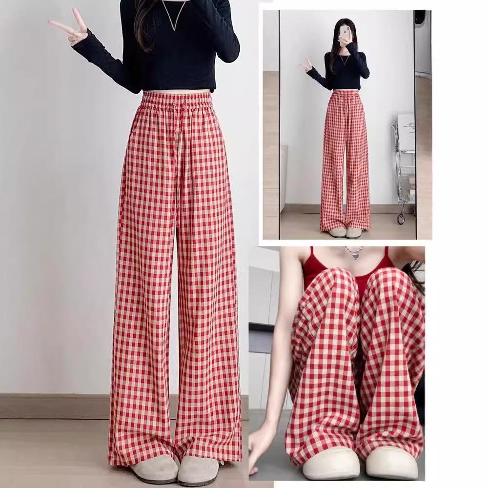 

Женские брюки с высокой талией, красные в клетку, Yamamoto, широкие штанины - Большой размер, Свободный крой, Стройнящие, Японский ленивый стиль, Идеальны для весны и осени. S (up to 90 lbs)