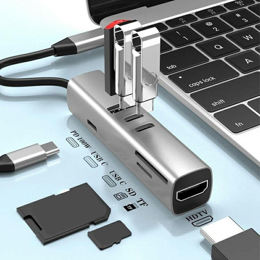 TYS-7HD-2C 100W 4K Type-C to HDTV 7-in-1 Hub Adapter with 2 USB-C/USB 3.0/PD 100W/SD/TF Card Reader for Windows/MacOS/Linux/Android