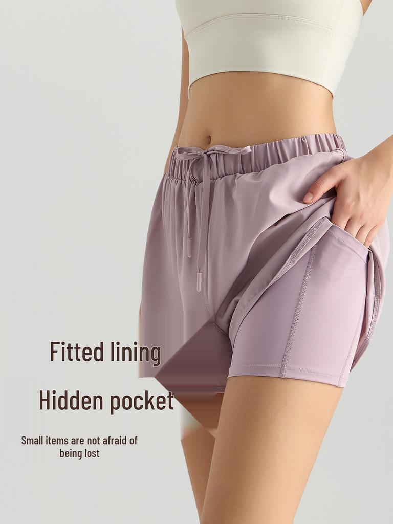 Wyman Women's Two-Piece Yoga Running Shorts with Phone Pockets, Anti-Exposure, Three-Quarter Length for Summer Fitness.