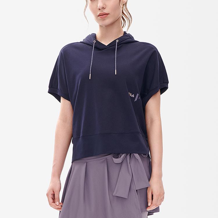 Fila Athletics Loose Solid Color Letter Logo Casual Latte Sports Hooded Short Sleeve Raglan T-Shirt Women Tops Dark-Blue A11W231115F-NV