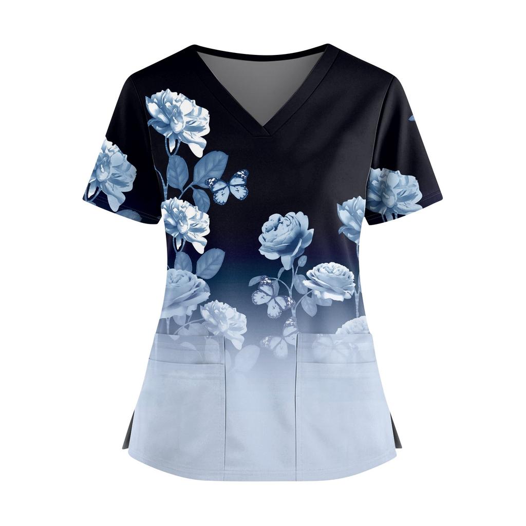 Women's Fashionable Printed V Neck Double Pocket Short Sleeved Shirt With Slit Hem Uniform And Worker Top