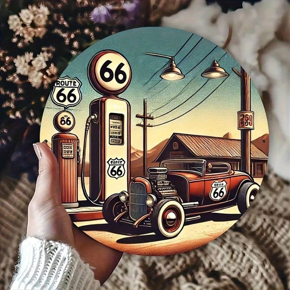 Round Metal Sign Retro Gas Station Route 66 Wall Art Garage Decor