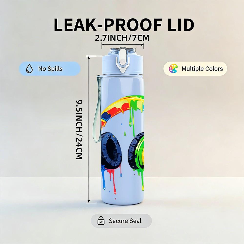 1PC Rainbow Color Over Ear Headphone Print 750ml Color Plastic Sports Water Bottle Leakproof Flip Straw Lid Suitable for Sports Office Home Use