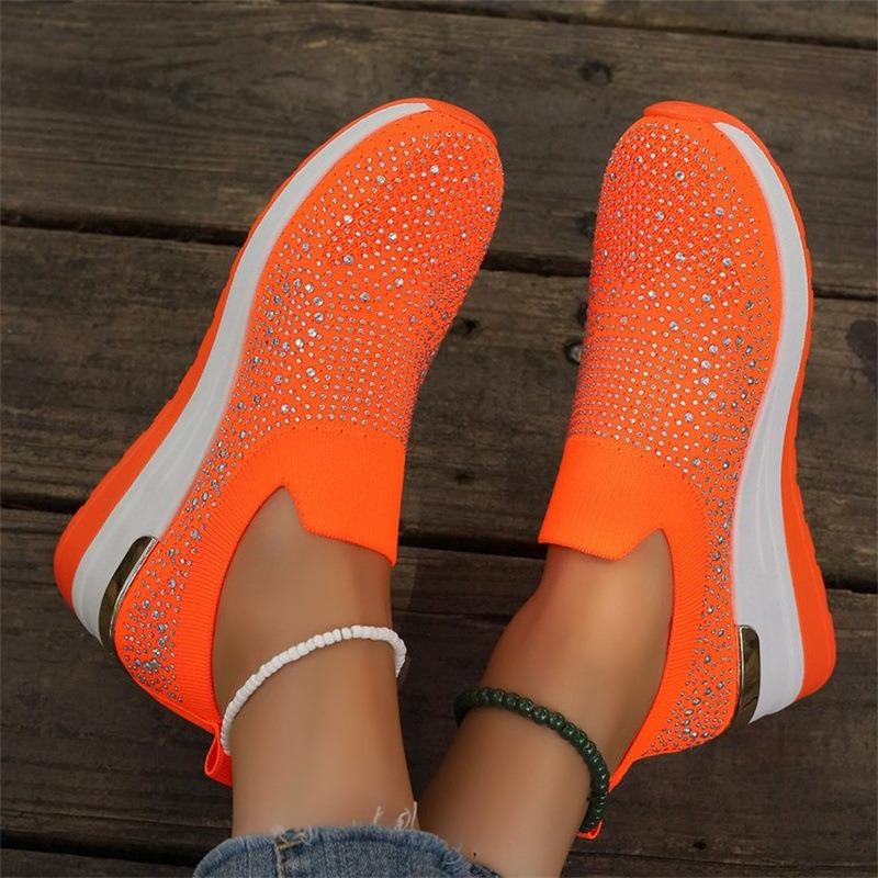 Women's Plus‑Size Rhinestone Fly‑Knit Casual Sneakers, New European‑American Style Platform Breathable Slip‑on Shoes