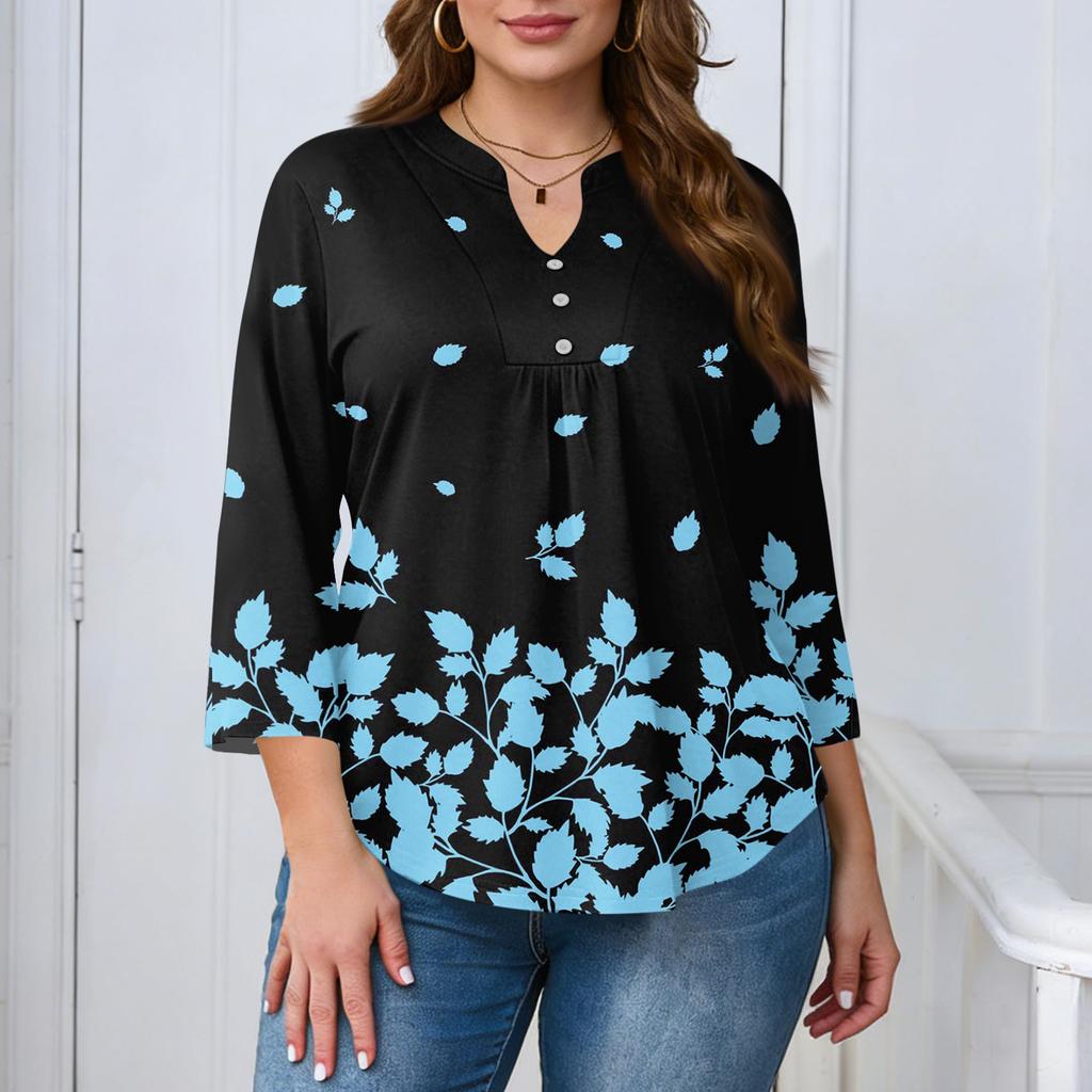 Women's Plus Size Fashionable Casual Loose Fit Three Quarter Sleeve Elegant Button Up V Neck Top
