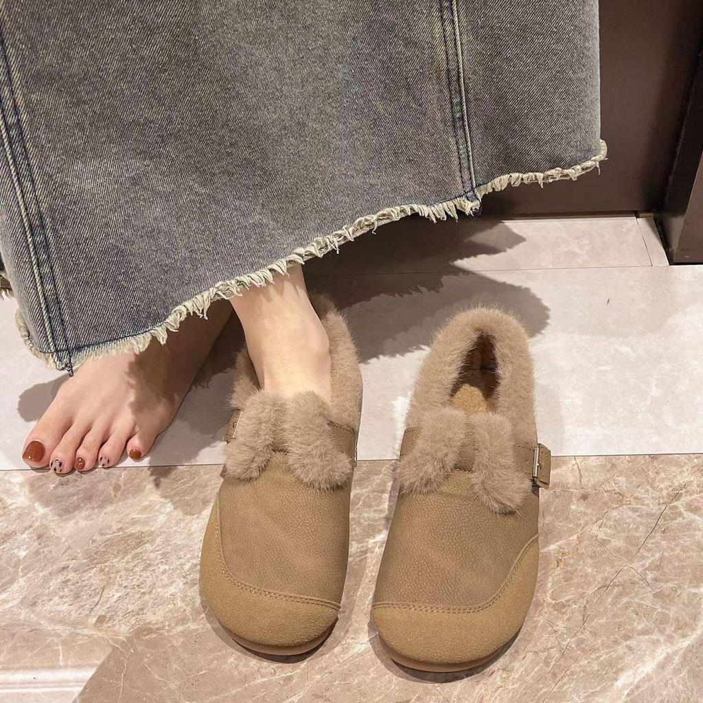 2025 Winter neue Retro Samt runde Zehen flacher Boden ein Pedal warme Beanie Schuhe Damen matt Birkenstock Baumwollschuhe Damen