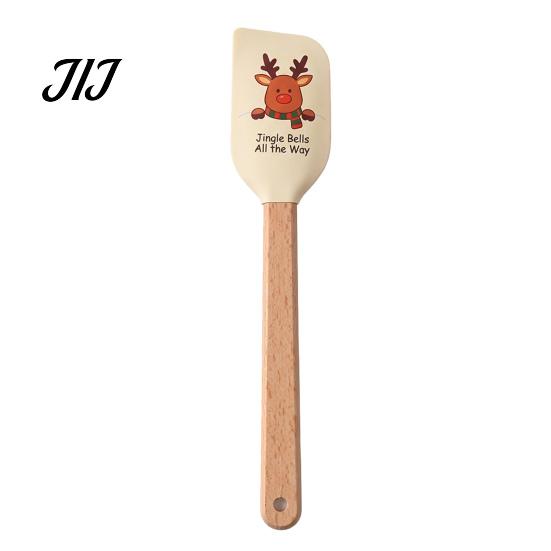 Heat Resistant Kitchen Gadgets Silicone Spatula with Wooden Handle, Christmas Tree/Snowman/Santa Claus/Elk Pattern Hanging Hole Decor, Non-stick