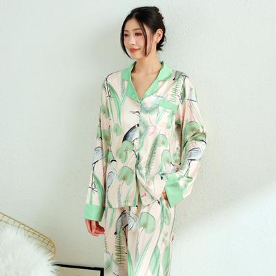 Green Printed Women's Pajama Set, Long-sleeved Pants, Outdoor Home Wear, Pajamas