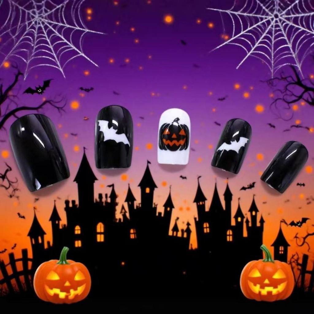 European & American Halloween Press-on Nails: Pumpkin, Skull, Bat Designs