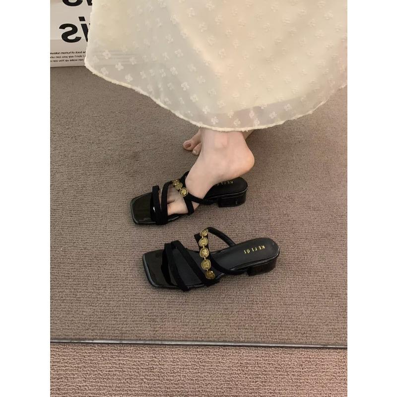 Niche thick heels commuting outside slippers women s shoes summer skirt temperament sandals 42 чёрный