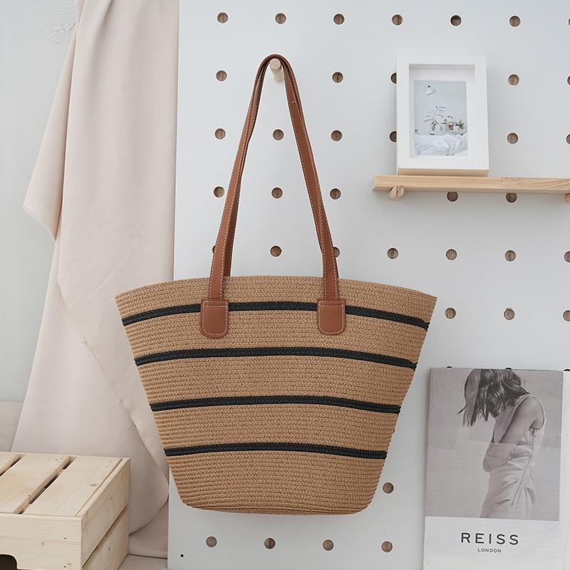 Pastoral Cotton Rope Woven Bag Women's Summer Large-capacity Striped Shoulder Bag Vegetable Basket Seaside Beach Tote Bag