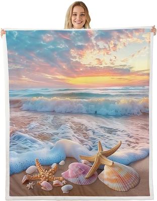 Beach Sunset Blanket Ocean Waves Seashells Starfish Coastal Decor Summer Scenery Soft Throw Seaside Wall Hanging Home Textile