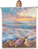 Beach Sunset Blanket Ocean Waves Seashells Starfish Coastal Decor Summer Scenery Soft Throw Seaside Wall Hanging Home Textile