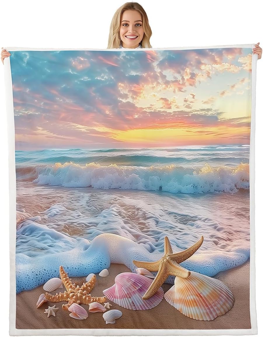 Beach Sunset Blanket Ocean Waves Seashells Starfish Coastal Decor Summer Scenery Soft Throw Seaside Wall Hanging Home Textile 75X95CM