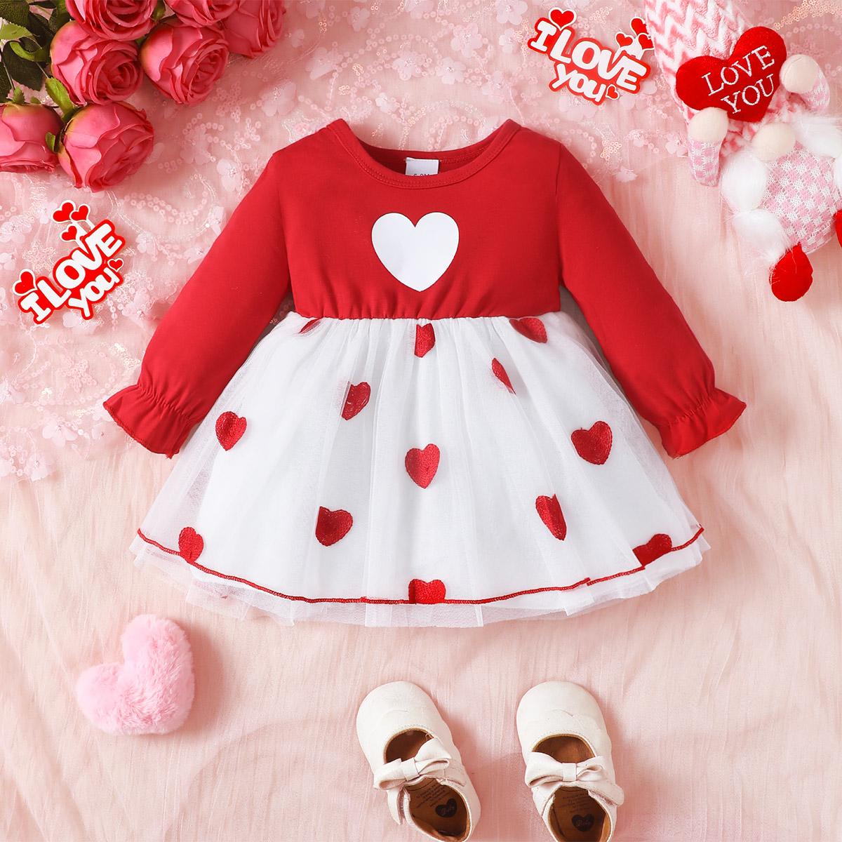 Spring and autumn baby girl fashion casual red heart-shaped mesh long-sleeved dress suitable for Valentine s Day 6-9M красный