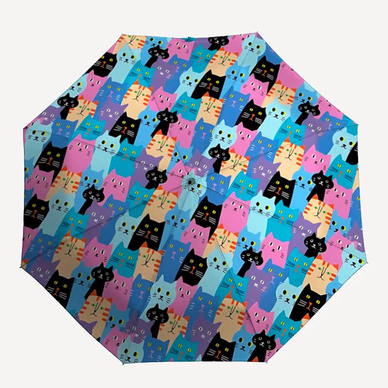1pc Colorful Cats Pattern Automatic Open/Close Umbrella, Umbrella with cartoon Design, Portable Compact Umbrella for Men & Women, Good Holid