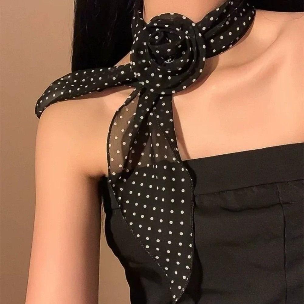 Fashion Detachable Chiffon Long Scarf Polka Dots Versatile Thin Rose Decor Neck Scarf Elegant Scarf Shawl Women Girls Gifts