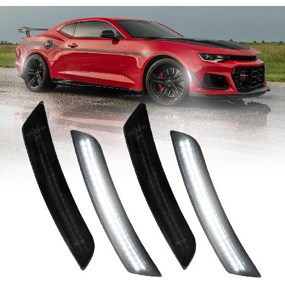 AUTOONE LED Side Marker Lights White Compatible With Chevrolet Camaro 2016-, Front & Rear Fender Side Markers, Smoked Lens Driver & Passenger Side