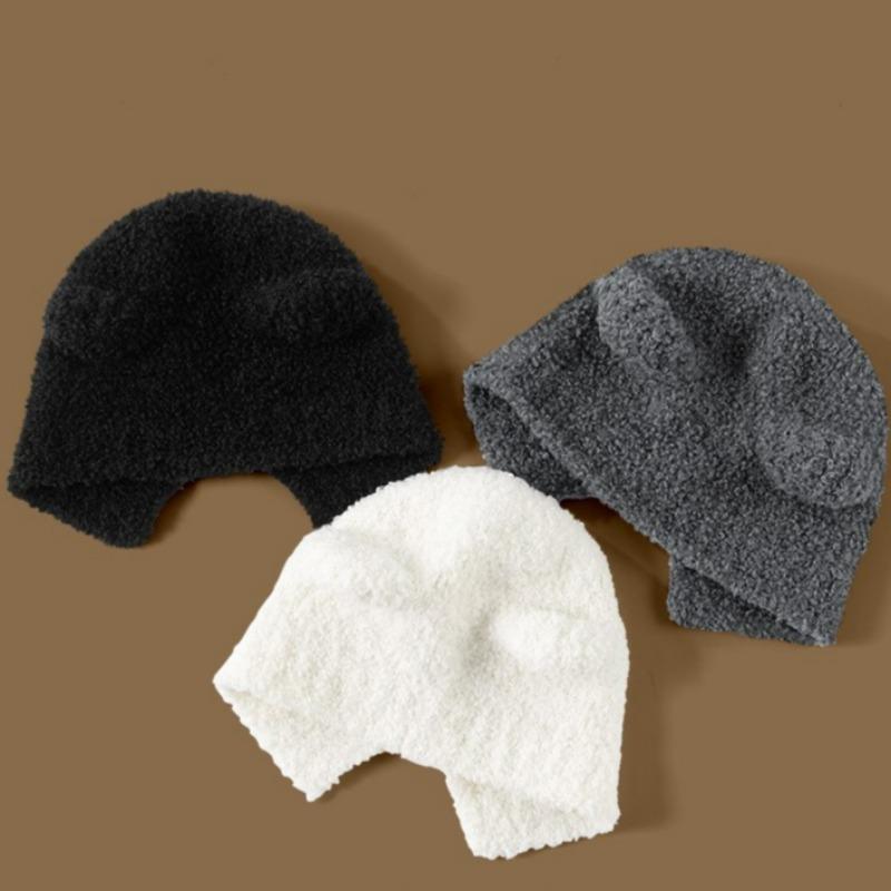 Hip Hop Knitted Warm Hat Winter Black White Grey Red Warm Hats Bear Ear Thermal Cap Cold Outdoor Soft Woolen Skullies Beanies