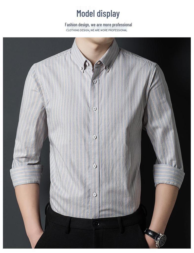 Hengyuanxiang Men's Non-Iron Striped Cotton Long-Sleeve Shirt - Spring & Autumn Casual Loose Fit