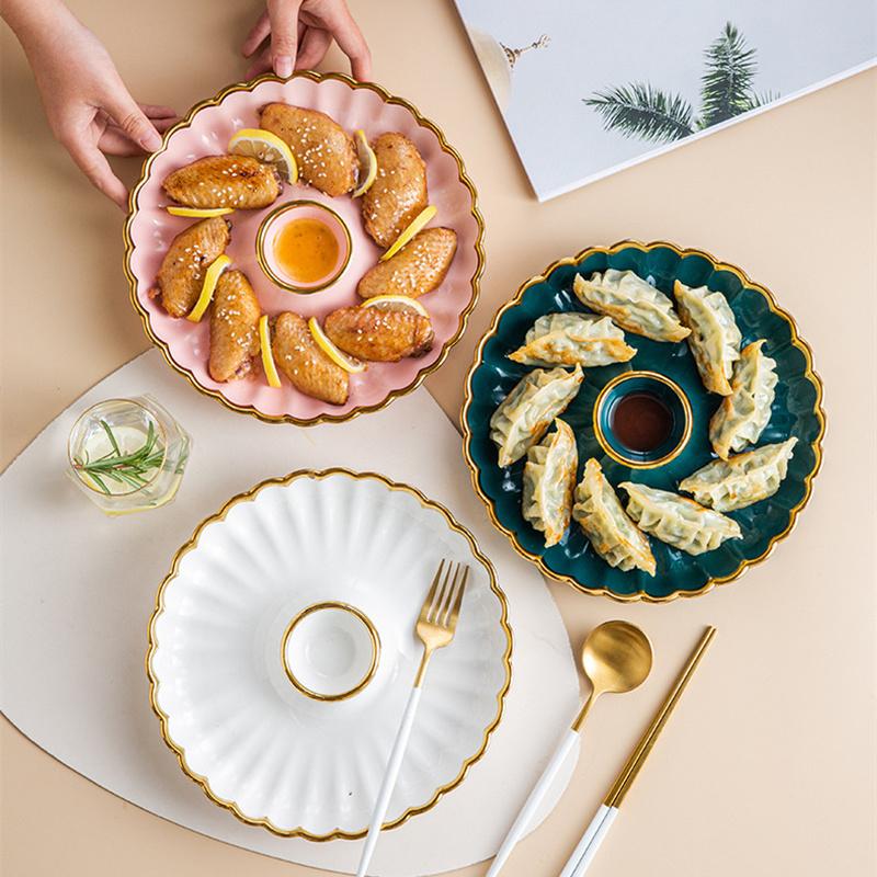 Round Snack Plate with Dip Dish Ceramic Dumpling Plate Phnom Penh Porcelain Tableware Salad Sushi Dish Home Kitchen Supplies