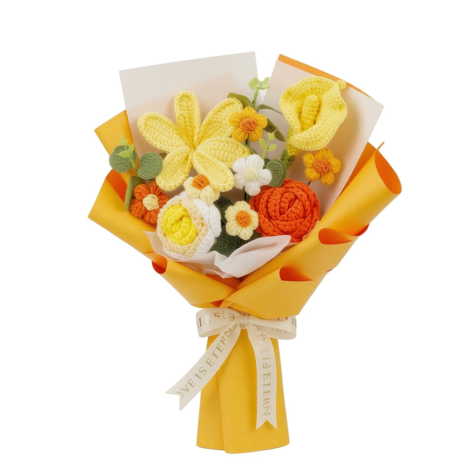 

Handmade Knitted Flower Bouquet with Calla Lily Rose and Various Yarn Flowers Perfect for Home Decoration and Gift Giving One Size жовтий