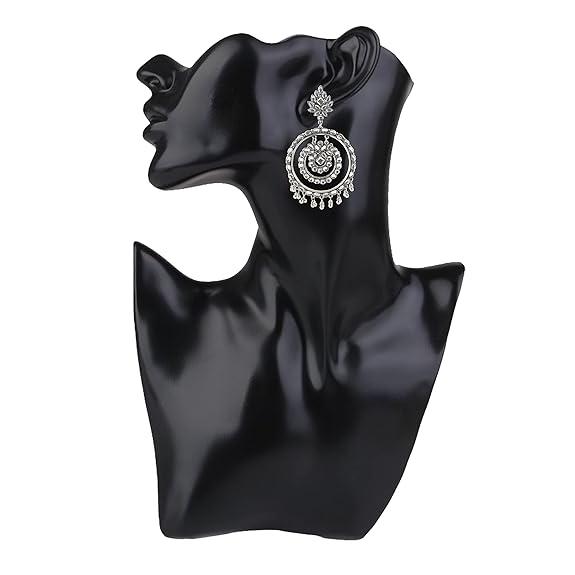 Oxidized Mirror Work Silver Afghani Stylish Flower Double Round Traditional Handcrafted Chandbali Earrings For Women And Girls