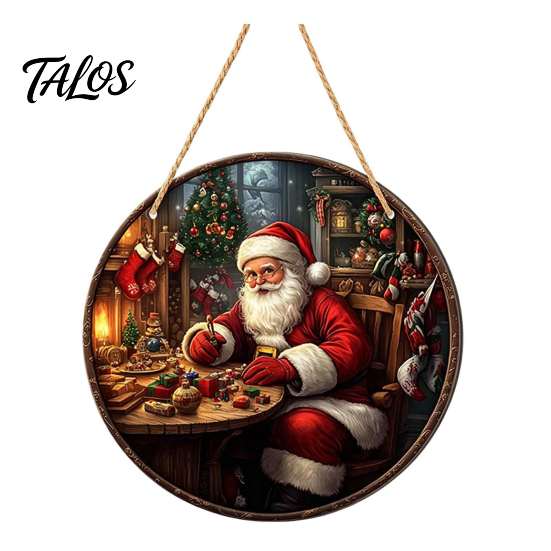 Rustic Christmas Wall Decor Wooden Round Hanging Sign, Santa Claus Highland Cow Winter Theme Farmhouse Holiday Art Door Decor, Welcome Ornament