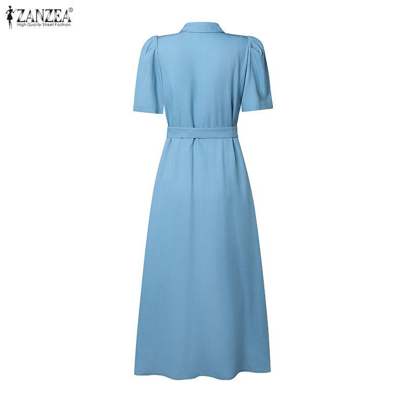 ZANZEA Women Casual Turn Down Collar Short Sleeve Elegant Long Dress