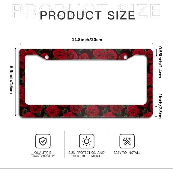 Red Rose Flower License Plate Frames 2 Pack 2 Holes Aluminum License Plate Cover With 2 Pcs Car Coasters And Screw And Black Screw Caps For Girl