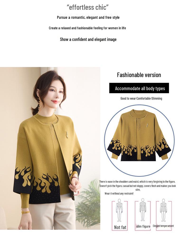 Stylish Autumn-Winter Knit Cardigan Set for Middle-Aged and Elderly Women