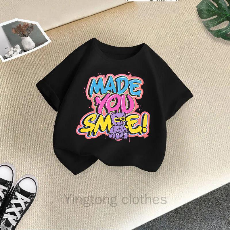 Summer Clothes for Boys and Girls, Short Sleeved T-shirts, Summer New Styles, Teddy Bear Printed Girls' Tops, Children's Clothing Trend