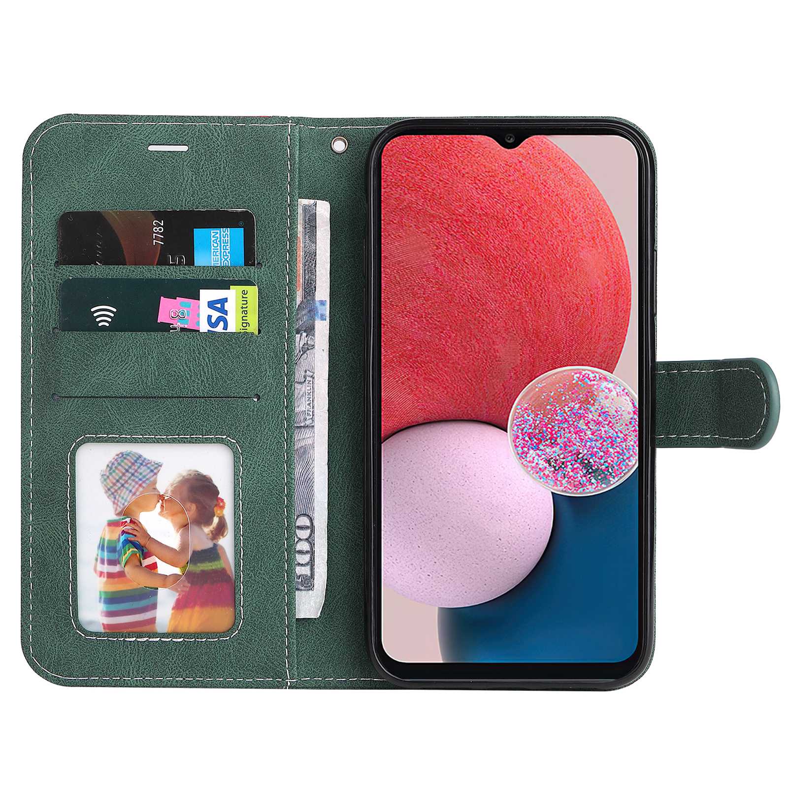 

For Samsung Galaxy A13 4G Three-color Splicing PU Leather Case Wallet Stand Full Body Anti-Scratch Protective Cover with Strap Green