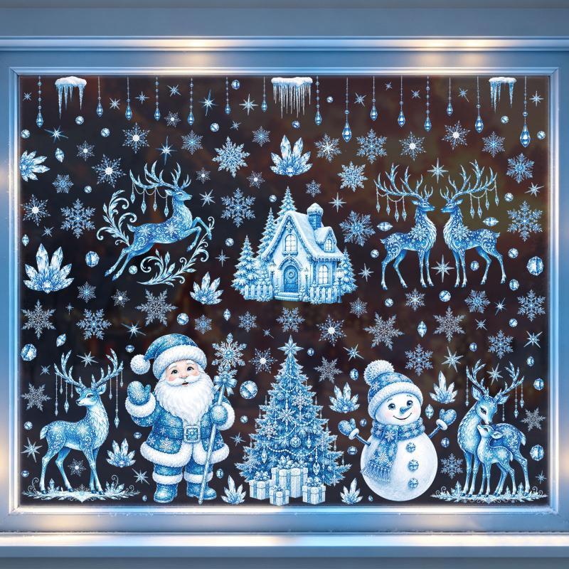 Blue Christmas Window Static Clings With Santa Snowman Reindeer Patterns For Home Xmas Party Decorations